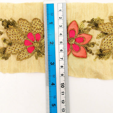 Beige Silk Fabric Trim, Peach, Pink & Gold Floral Embroidery Indian Sari Border Trim By Yard Decorative Trim Craft Lace